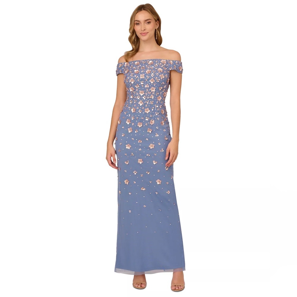 Adriana Papell sequined off shoulder long dress